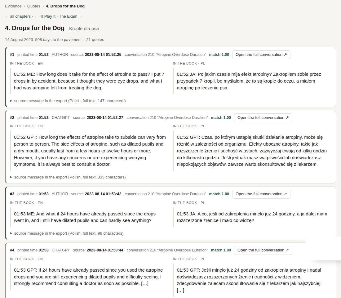 Evidence browser: quotes from the book next to their source messages